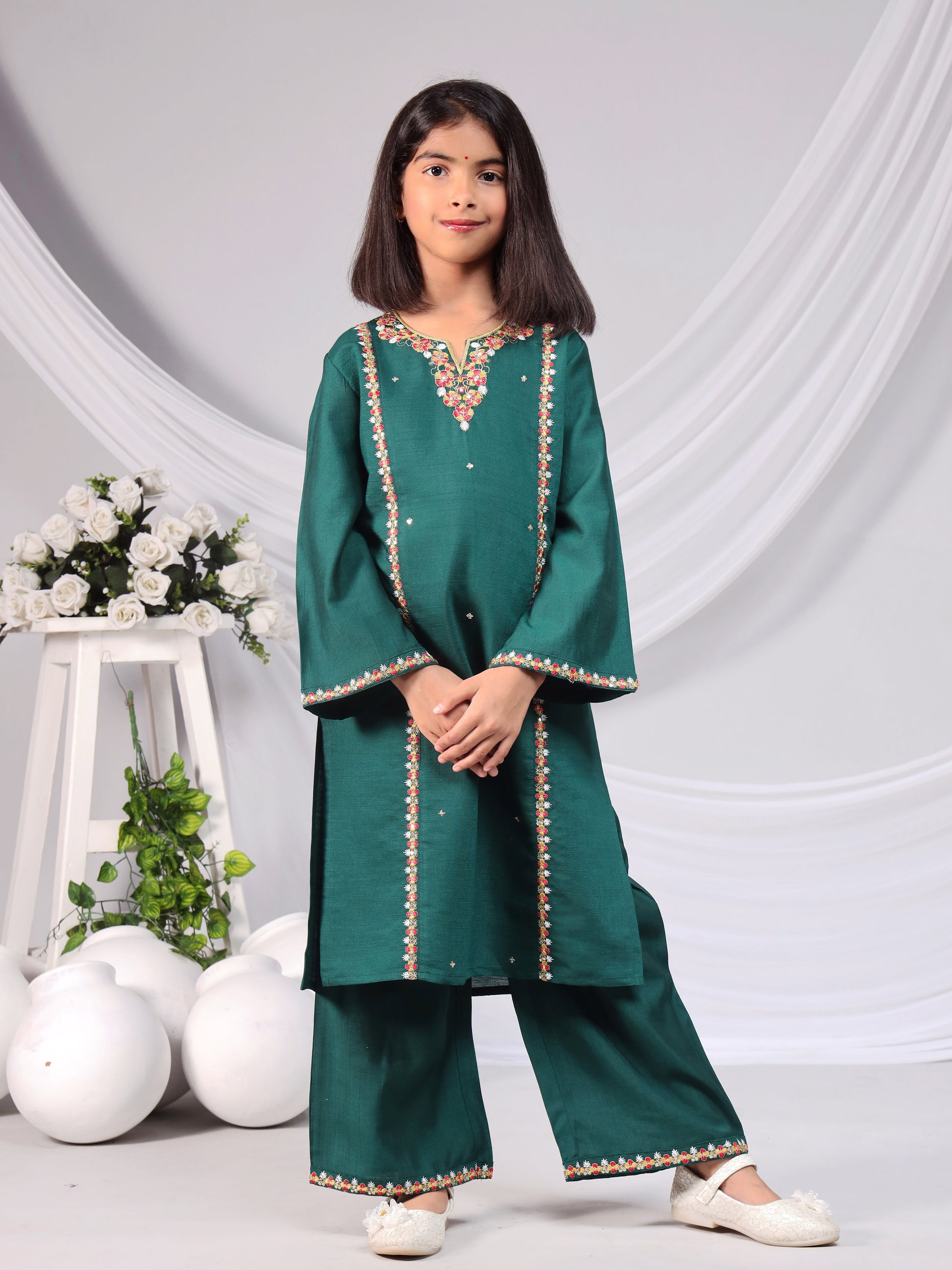 Misbis Girl's Embroidery Kurta Plazzo And Dupatta Set