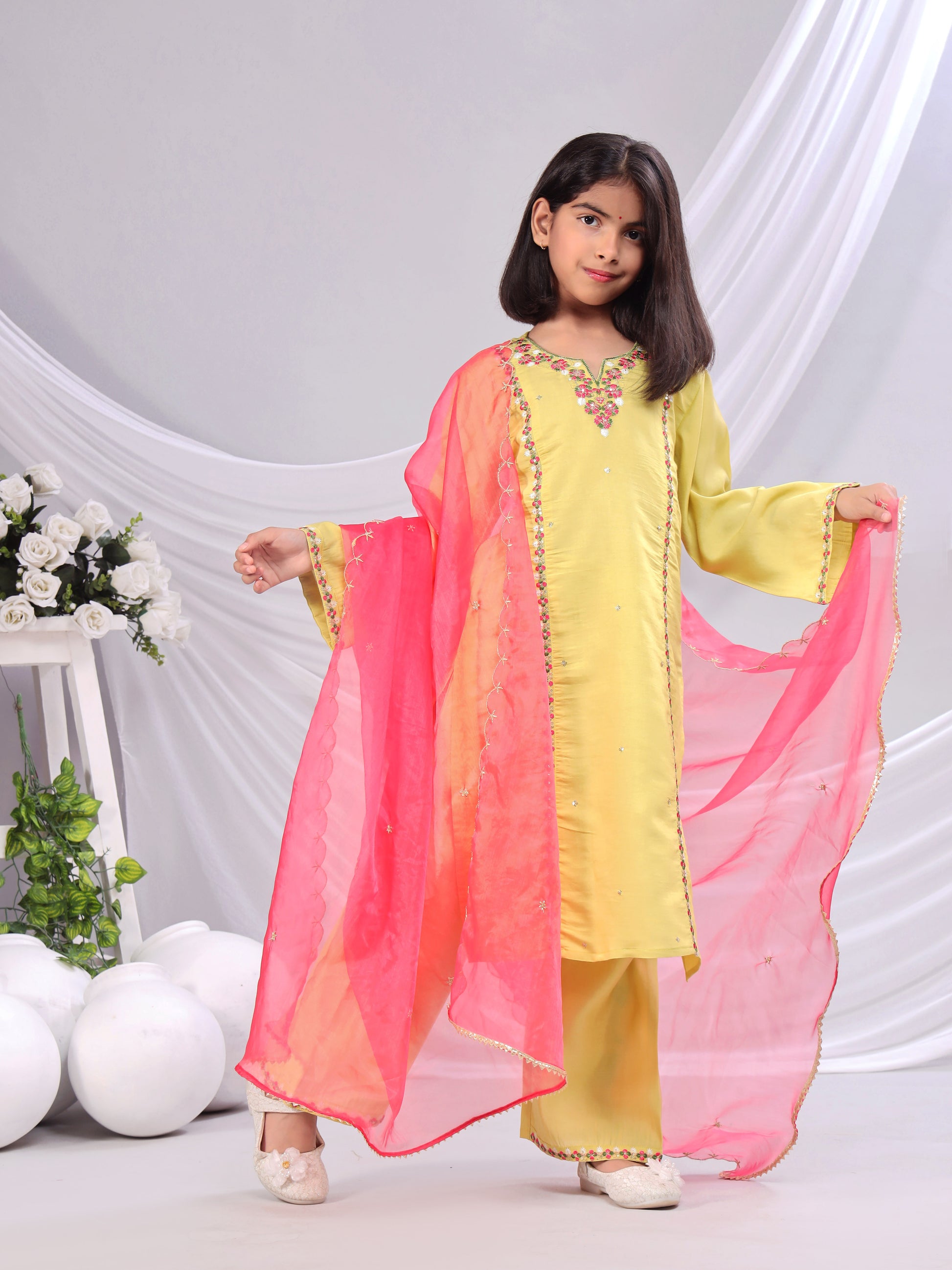 Misbis Girl's Embroidery Kurta Plazzo And Dupatta Set