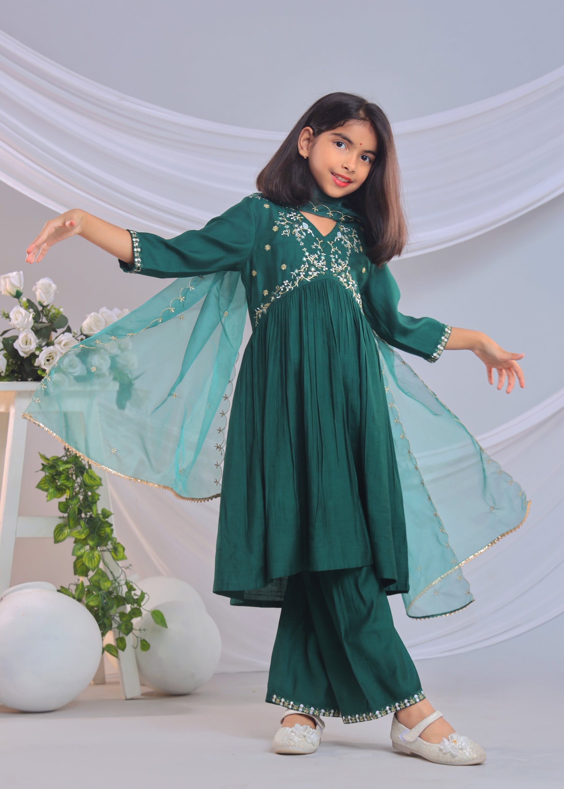Misbis Girl's Embroidery Kurta Plazzo And Dupatta Set