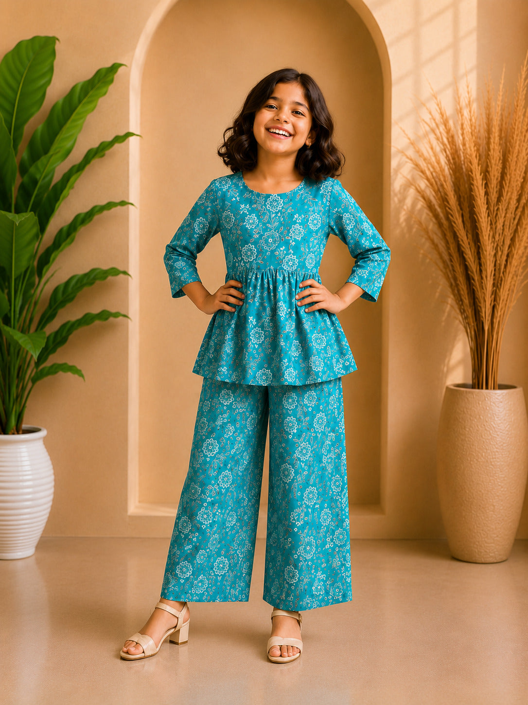 Blue Floral Printed Peplum Co-ord Set