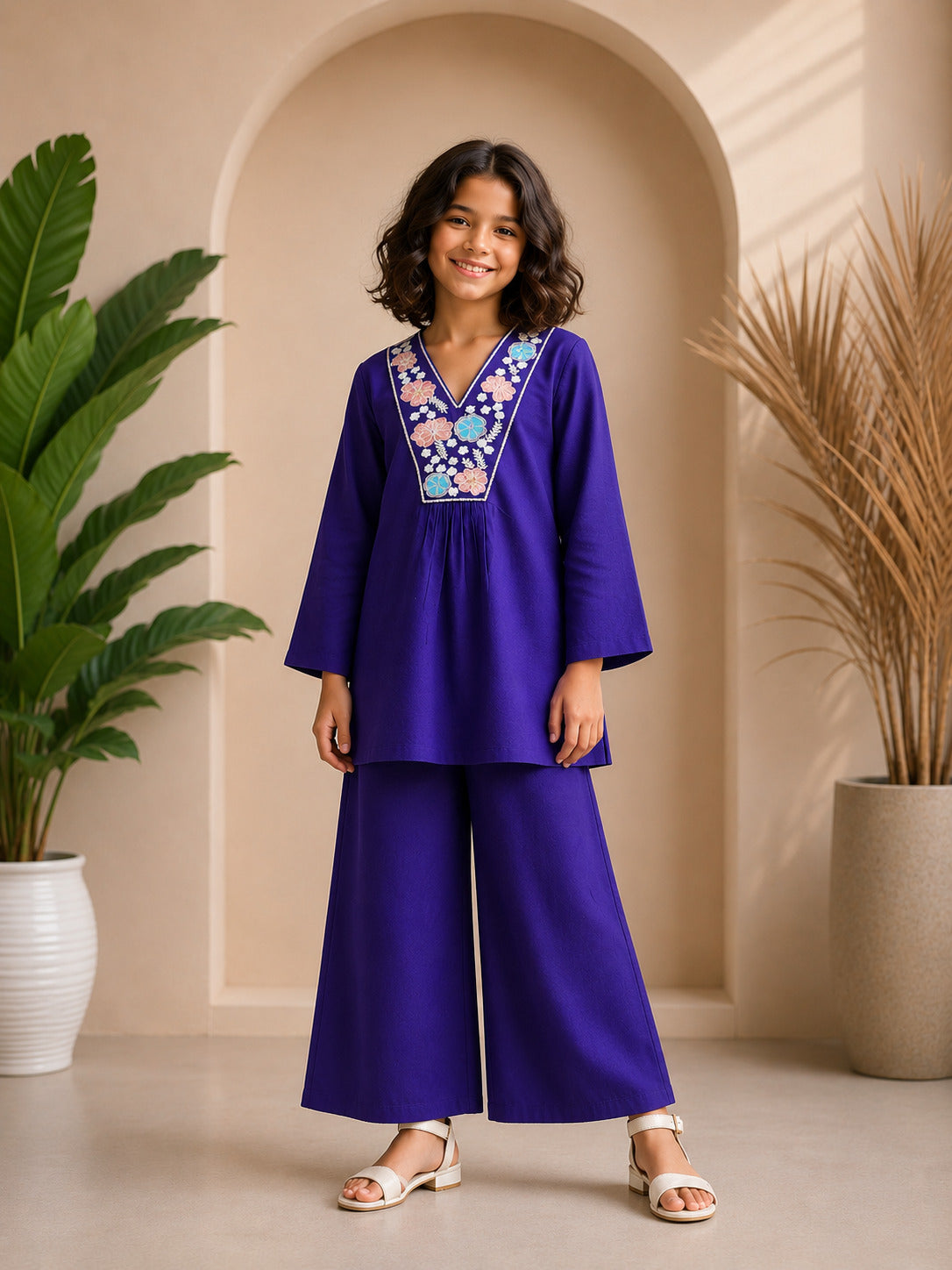 Purple Floral Embroidered Kurta Set