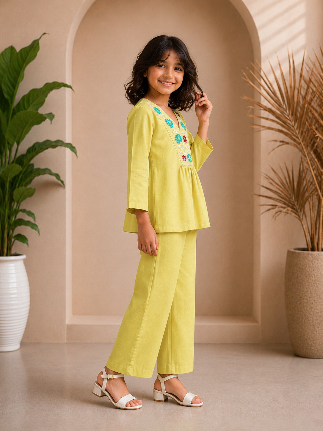 Yellow Floral Embroidered Kurta Set