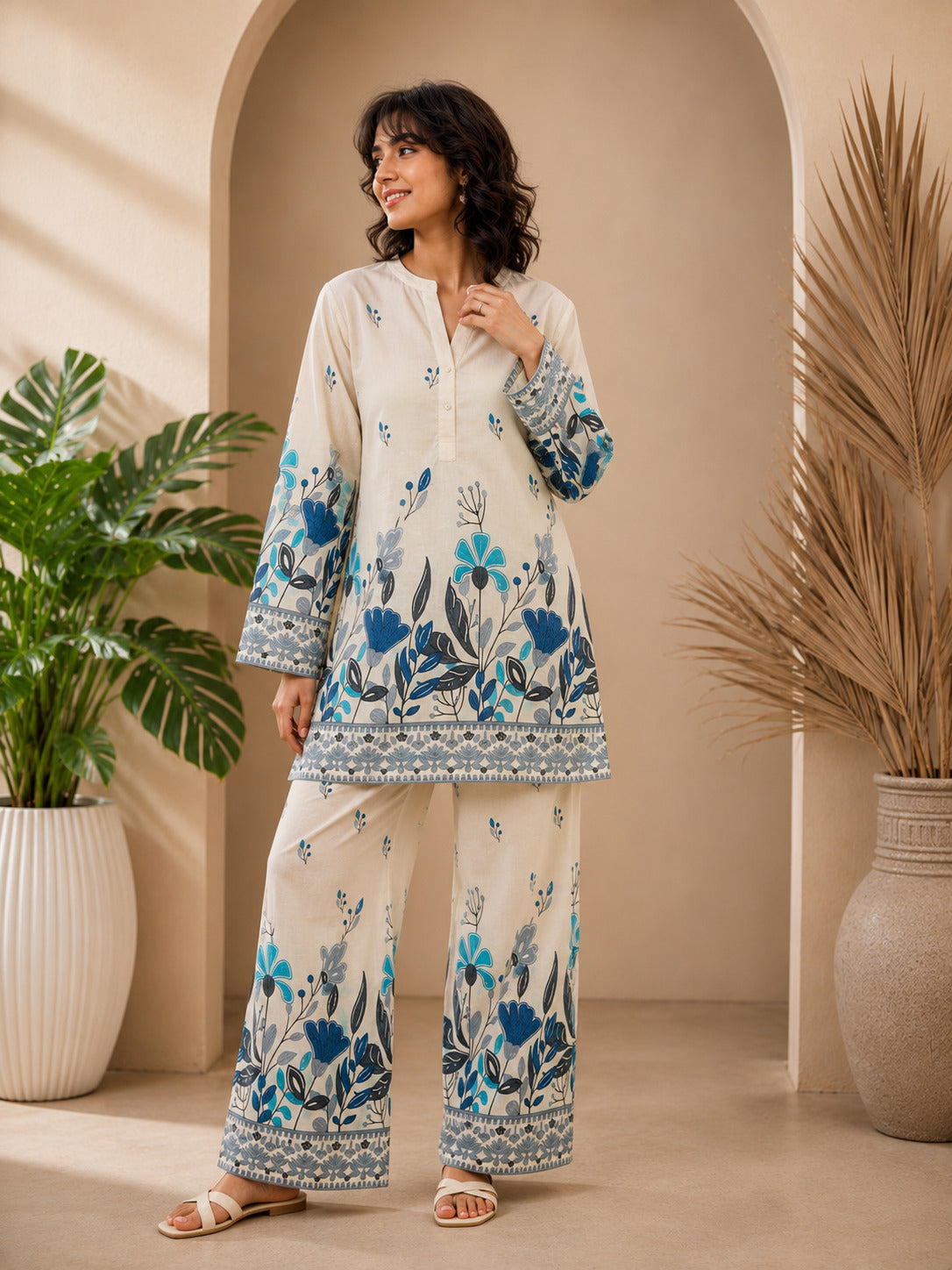 Floral Print Co-Ord Set with Mandarin Collar Tunic and Wide-Leg Palazzos