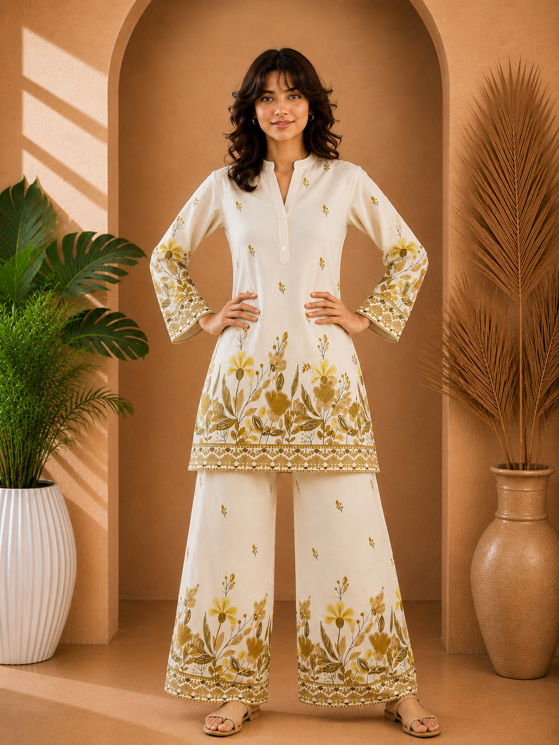 Floral Print Co-Ord Set with Mandarin Collar Tunic and Wide-Leg Palazzos