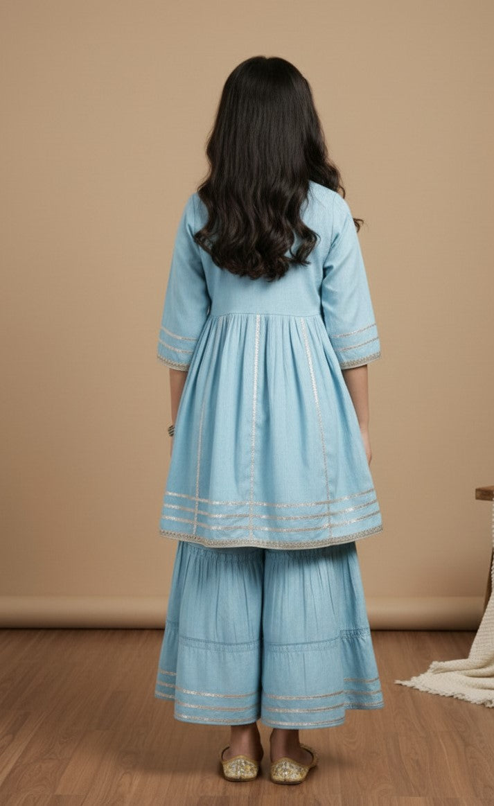 Misbis Girl's Sequence Work Kurta Sharara Set