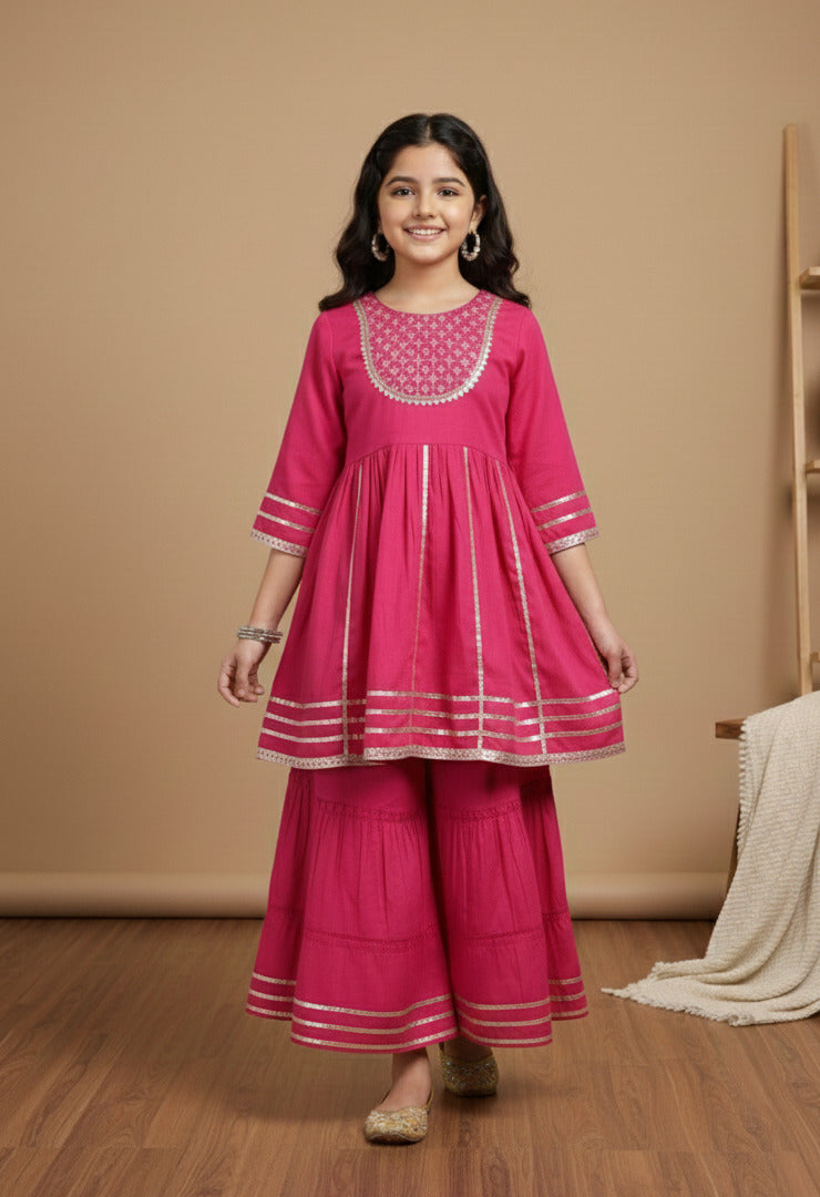 Misbis Girl's Sequence Work Kurta Sharara Set
