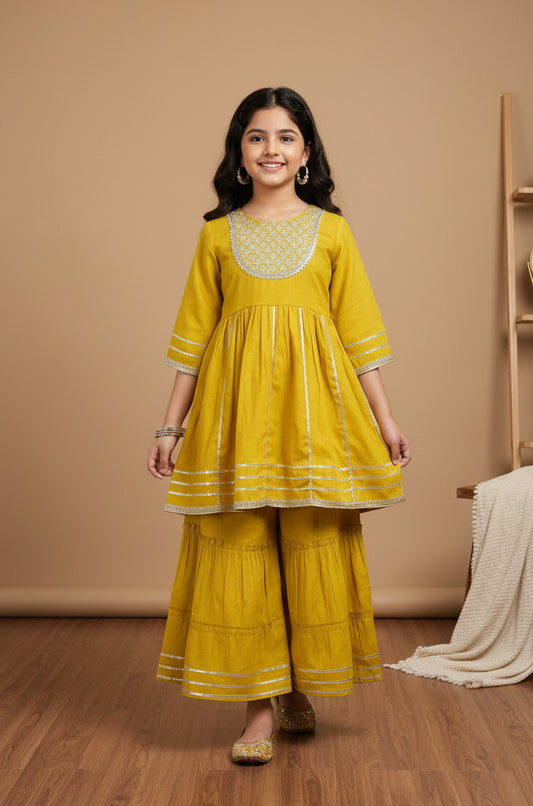 Misbis Girl's Sequence Work Kurta Sharara Set