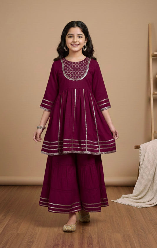 Misbis Girl's Sequence Work Kurta Sharara Set