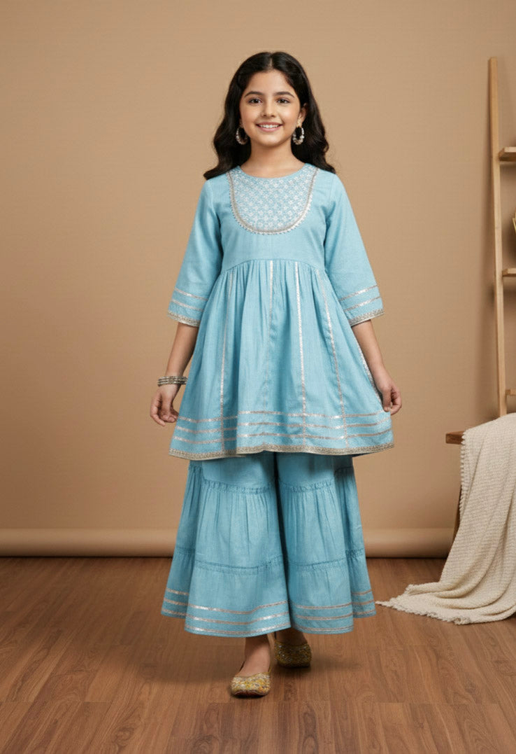 Misbis Girl's Sequence Work Kurta Sharara Set