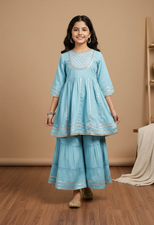 Misbis Girl's Sequence Work Kurta Sharara Set