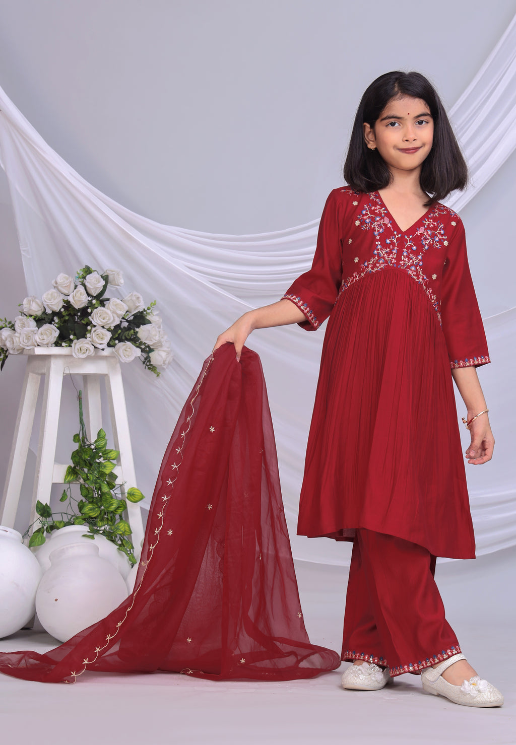 Misbis Girl's Embroidery Kurta Plazzo And Dupatta Set