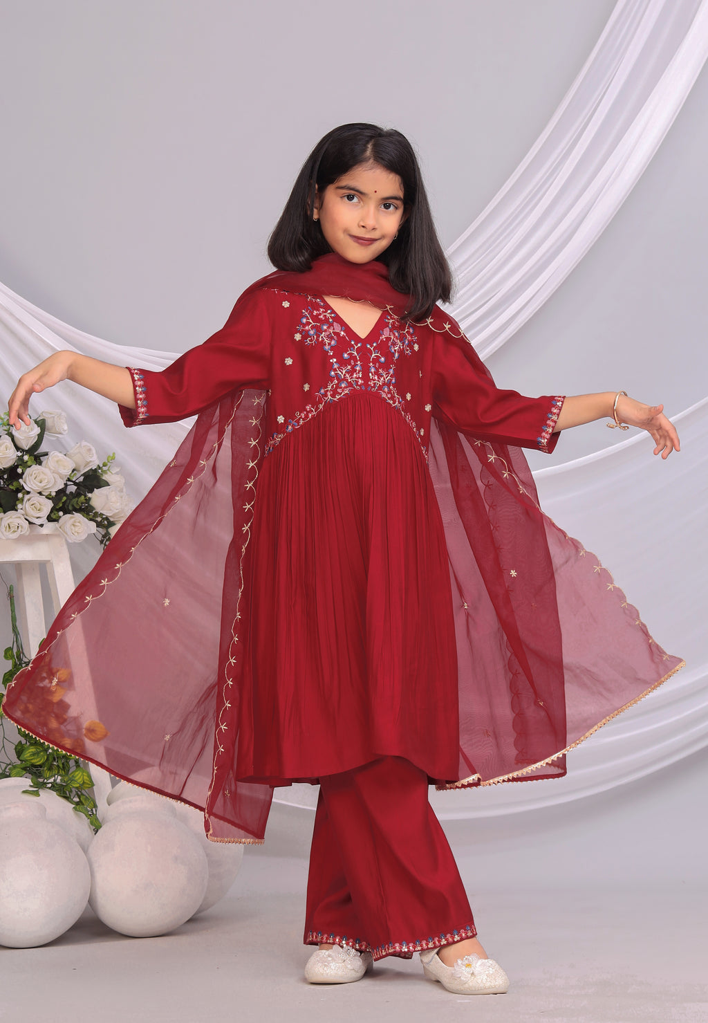 Misbis Girl's Embroidery Kurta Plazzo And Dupatta Set