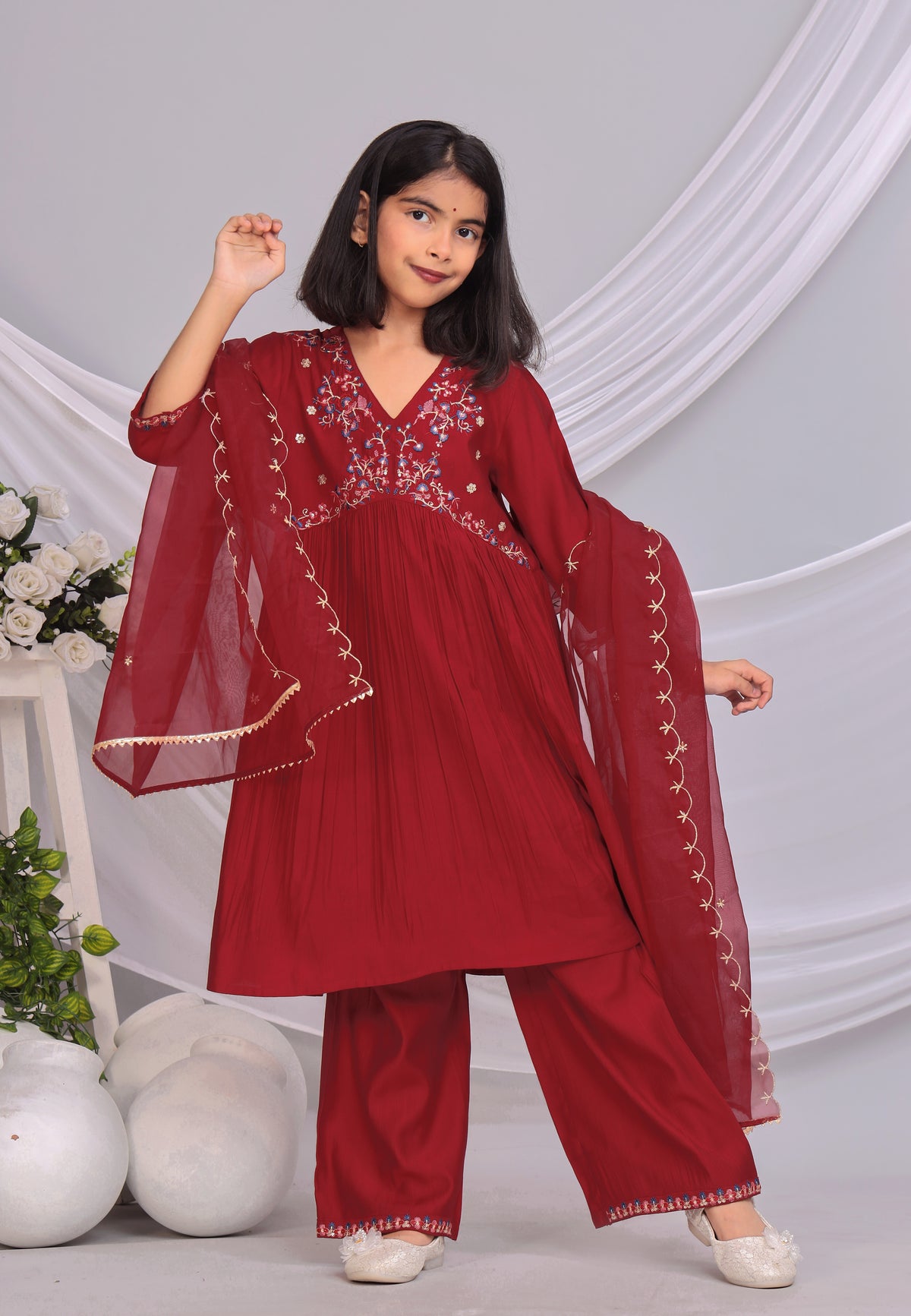 Misbis Girl's Embroidery Kurta Plazzo And Dupatta Set