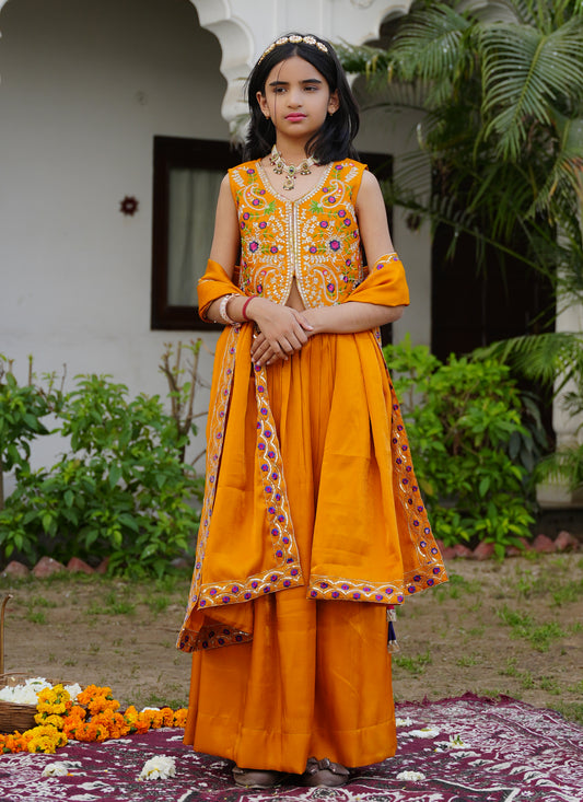 Mustard Embroidered Lehenga Choli with Scalloped Dupatta
