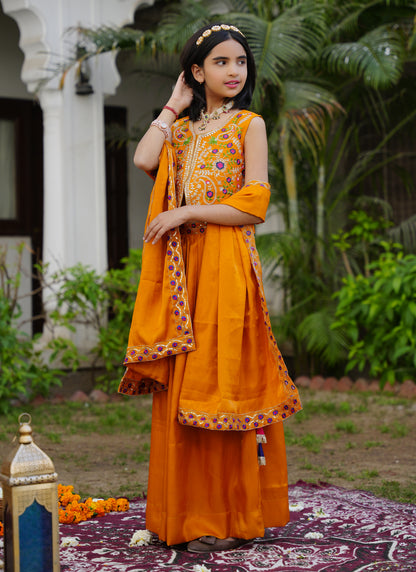 Mustard Embroidered Lehenga Choli with Scalloped Dupatta