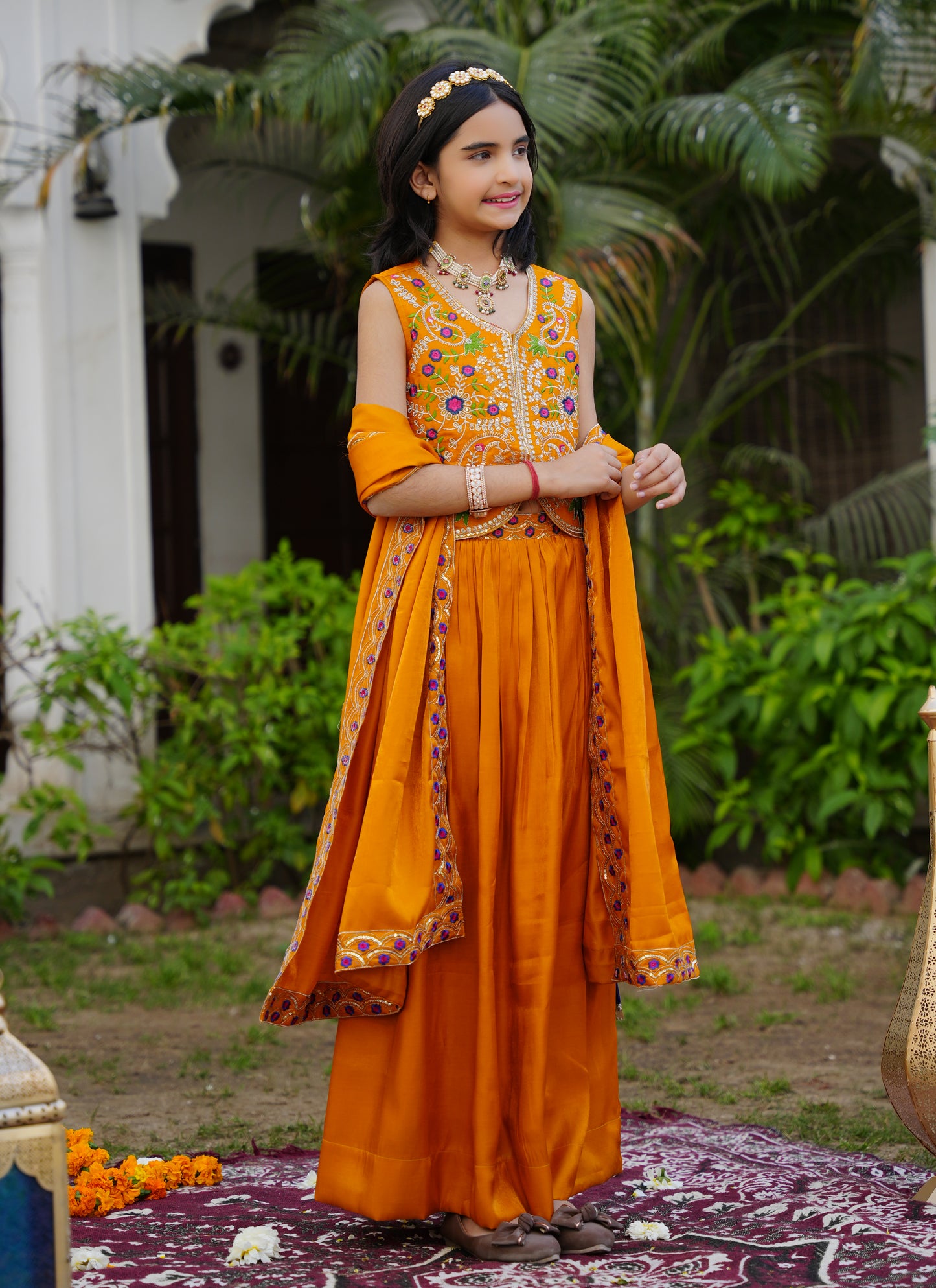 Mustard Embroidered Lehenga Choli with Scalloped Dupatta