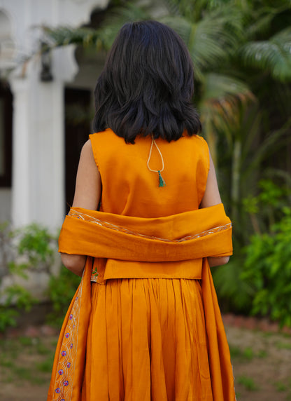 Mustard Embroidered Lehenga Choli with Scalloped Dupatta