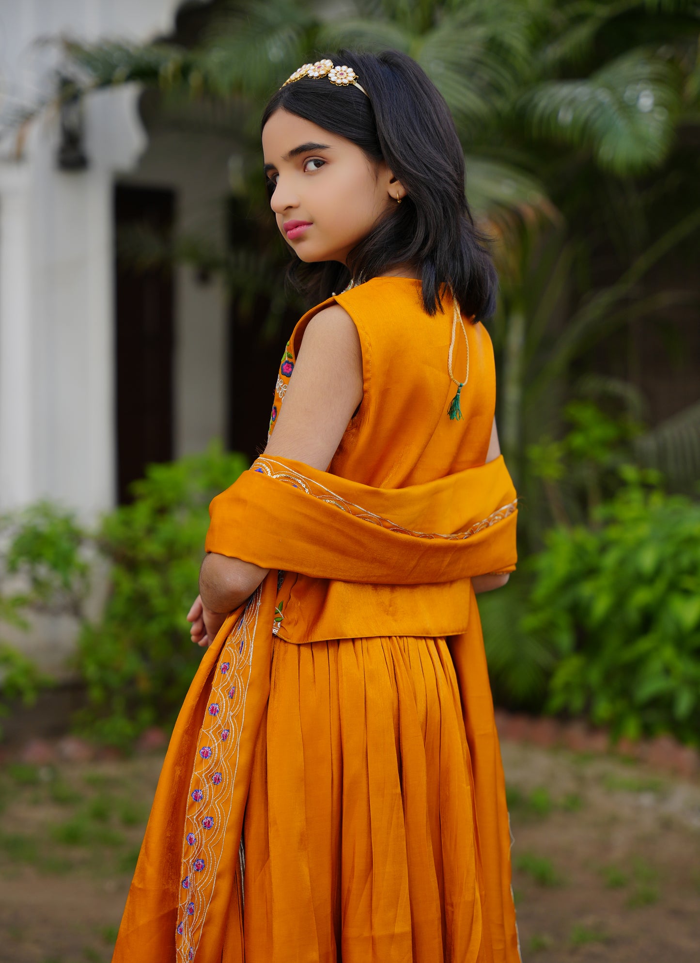 Mustard Embroidered Lehenga Choli with Scalloped Dupatta