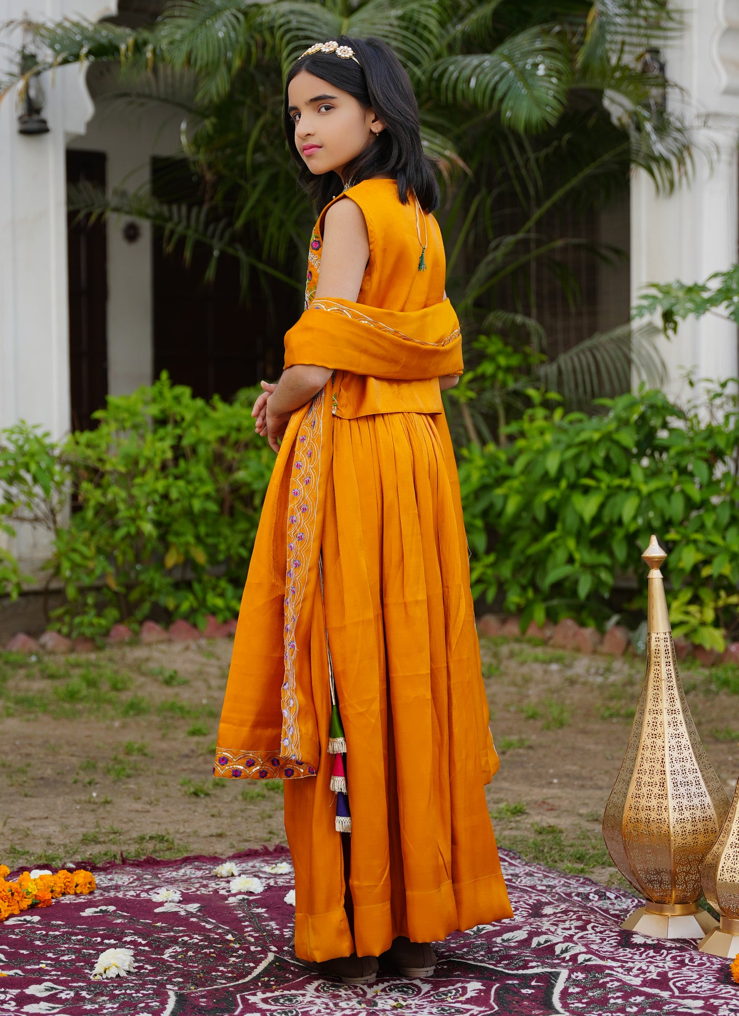 Mustard Embroidered Lehenga Choli with Scalloped Dupatta