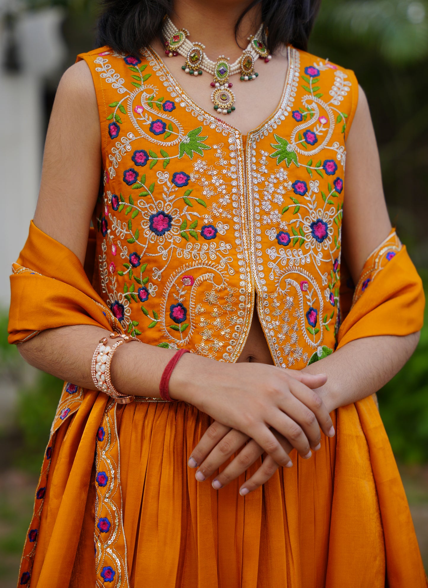 Mustard Embroidered Lehenga Choli with Scalloped Dupatta