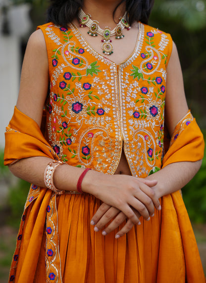 Mustard Embroidered Lehenga Choli with Scalloped Dupatta