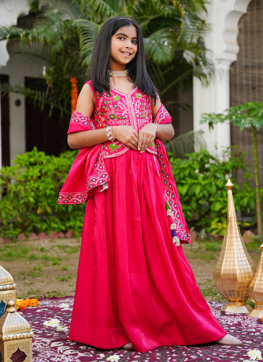 Hot Pink Embroidered Lehenga Choli with Scalloped Dupatta
