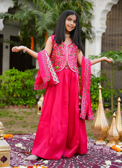 Hot Pink Embroidered Lehenga Choli with Scalloped Dupatta