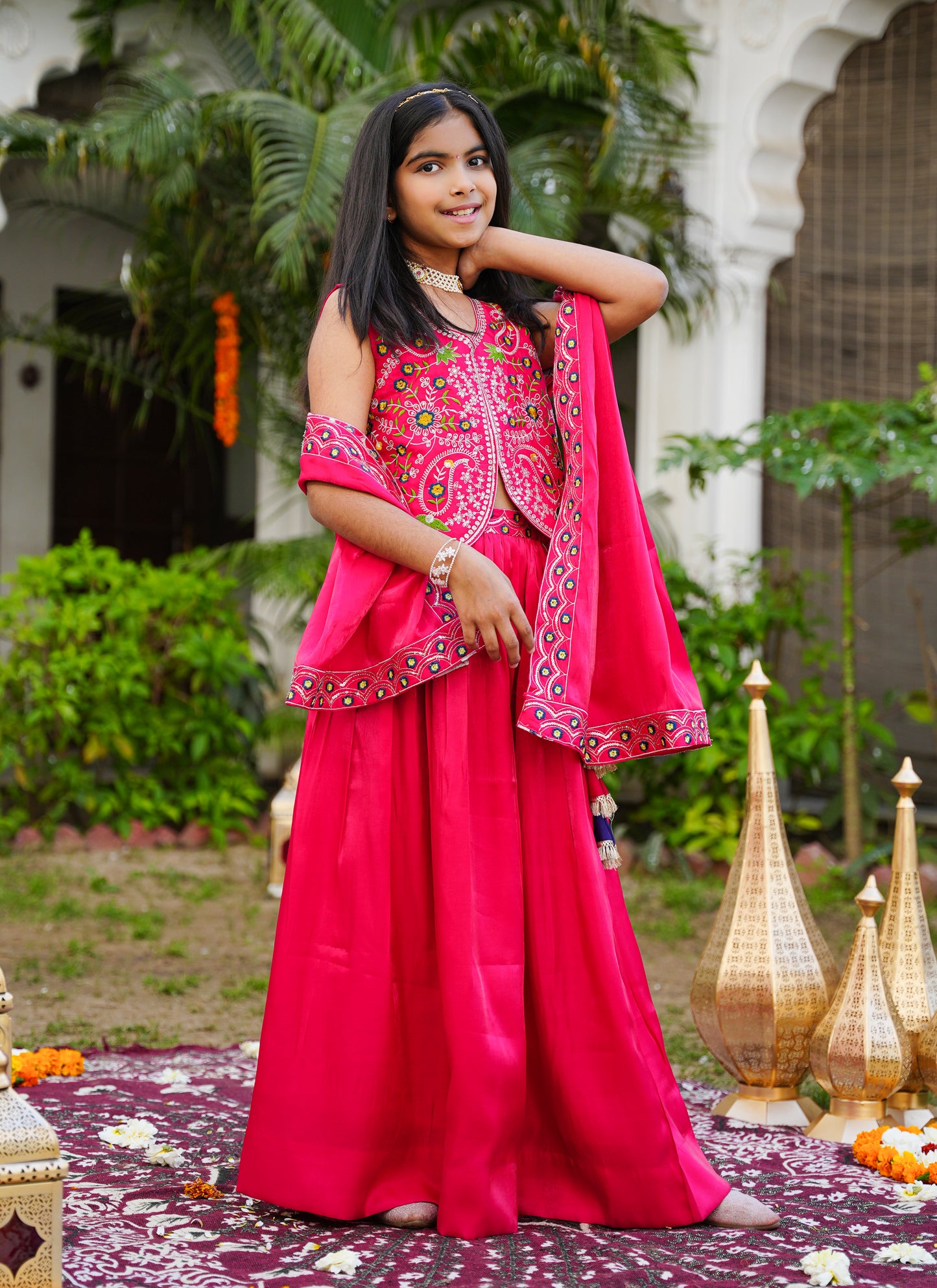 Hot Pink Embroidered Lehenga Choli with Scalloped Dupatta