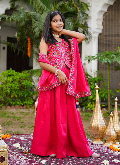 Hot Pink Embroidered Lehenga Choli with Scalloped Dupatta