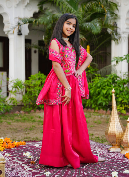 Hot Pink Embroidered Lehenga Choli with Scalloped Dupatta