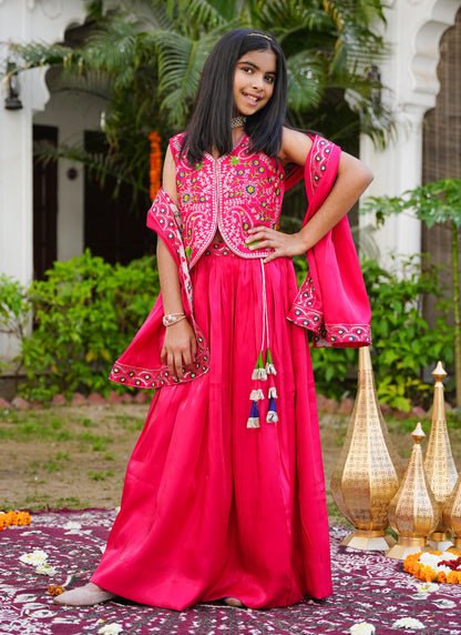 Hot Pink Embroidered Lehenga Choli with Scalloped Dupatta