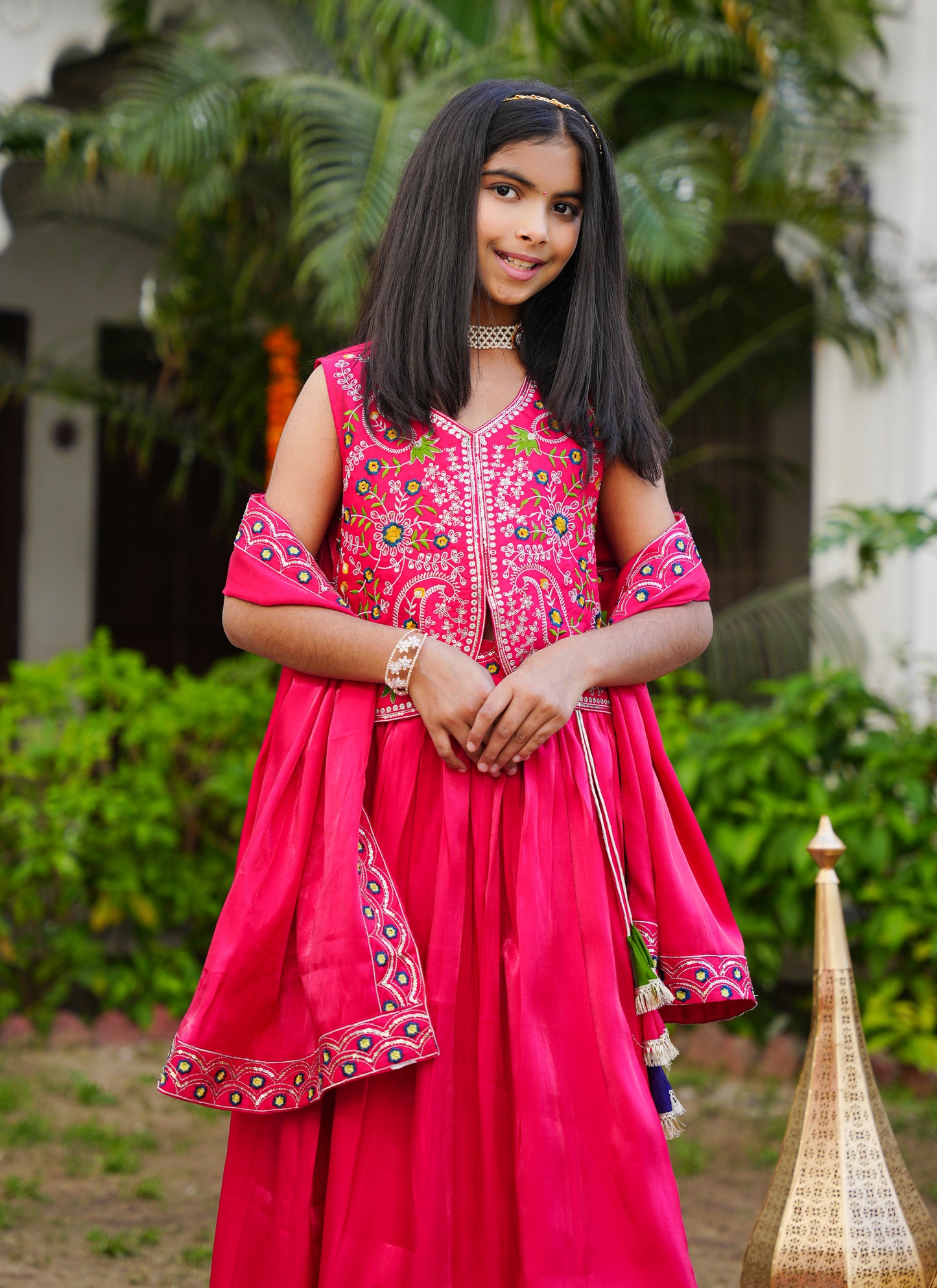 Hot Pink Embroidered Lehenga Choli with Scalloped Dupatta