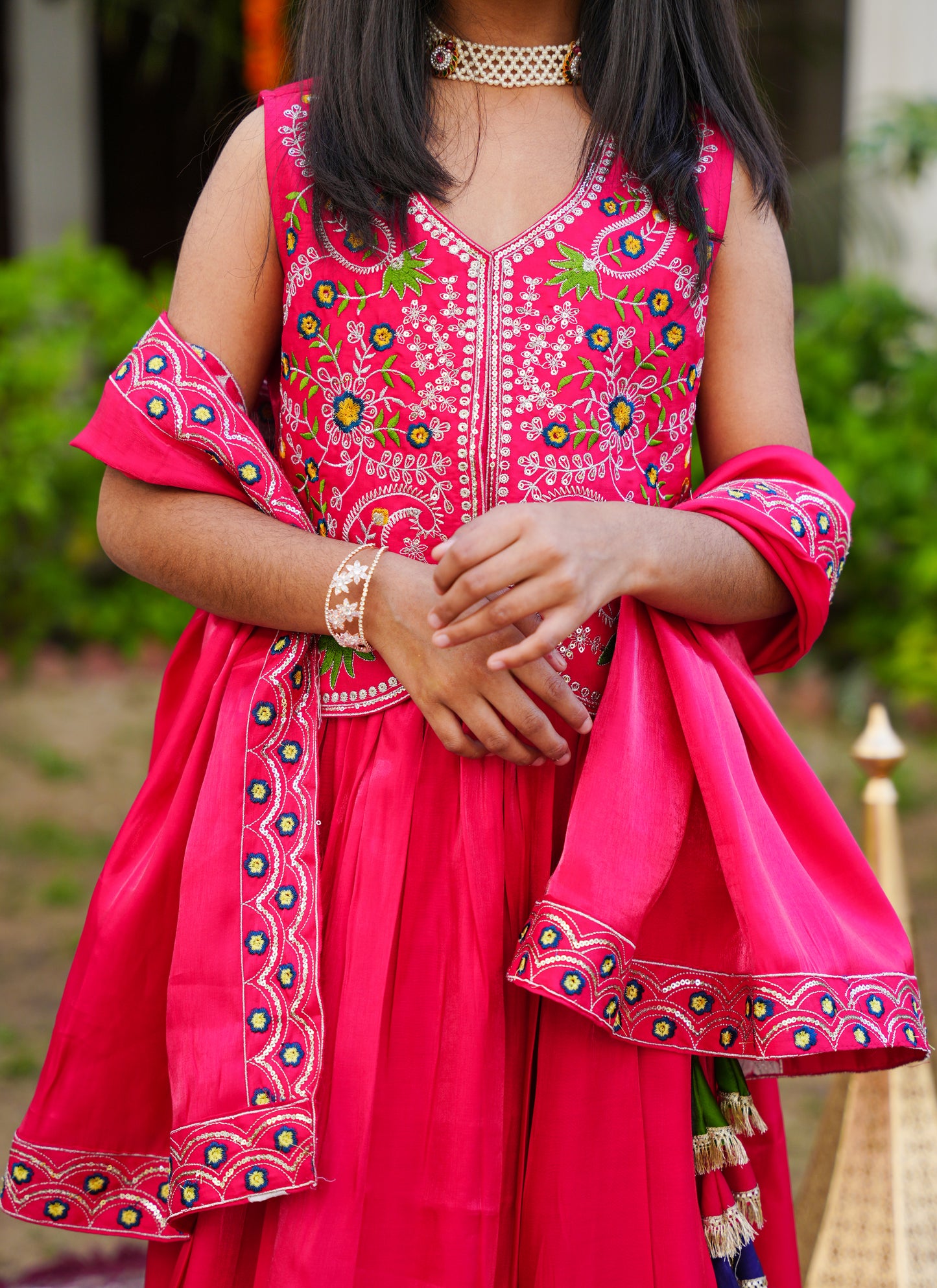 Hot Pink Embroidered Lehenga Choli with Scalloped Dupatta