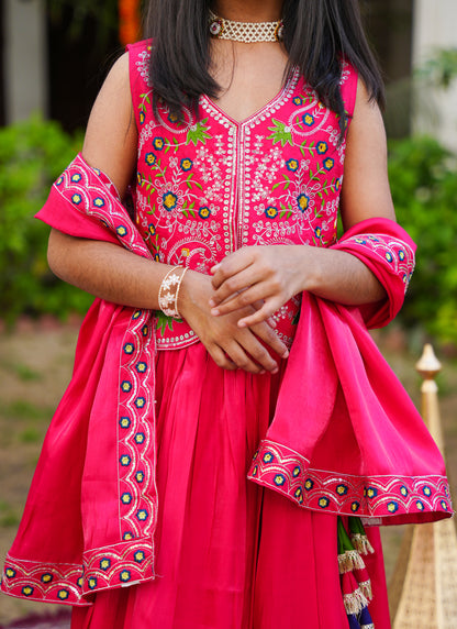 Hot Pink Embroidered Lehenga Choli with Scalloped Dupatta