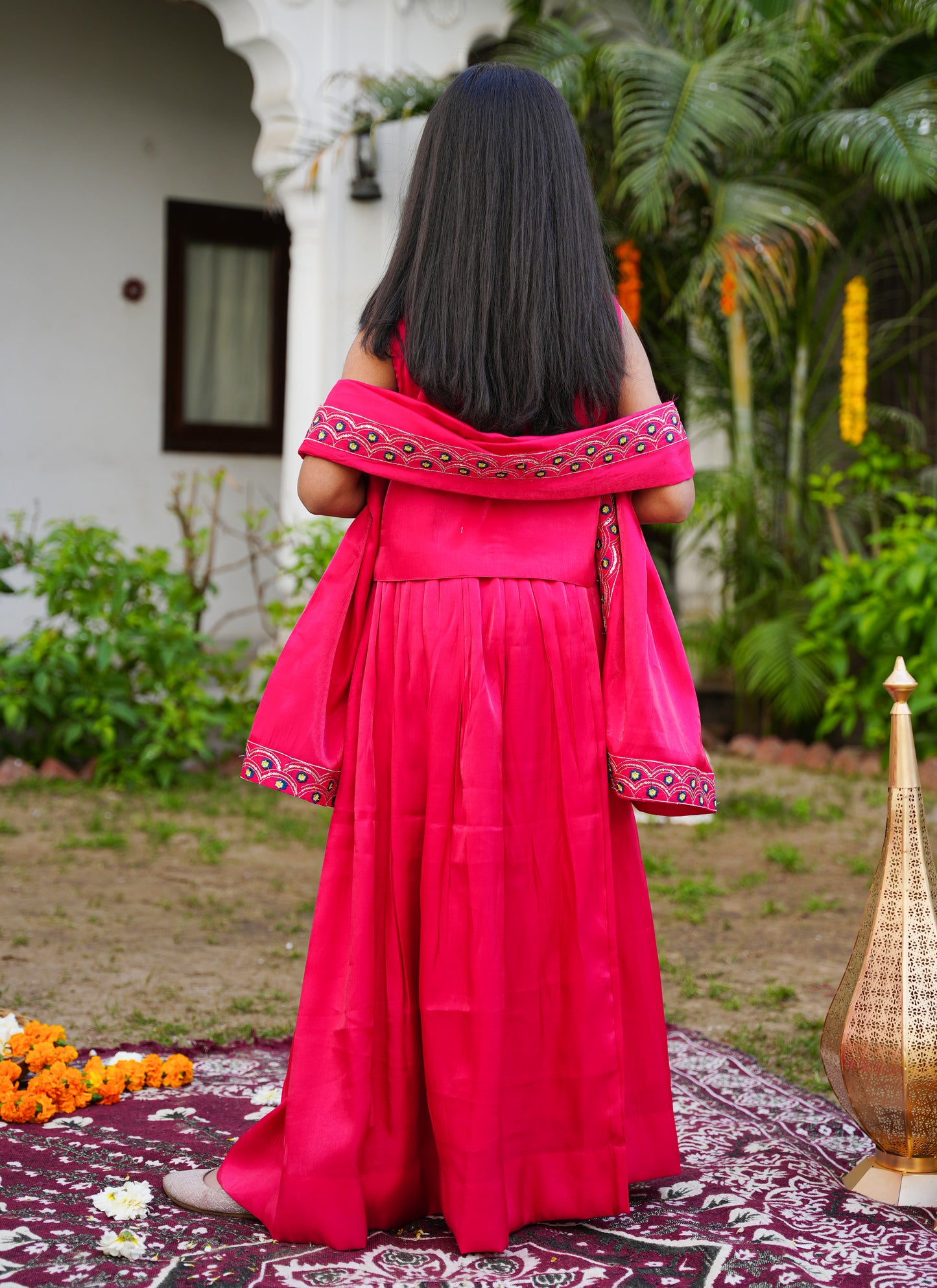 Hot Pink Embroidered Lehenga Choli with Scalloped Dupatta