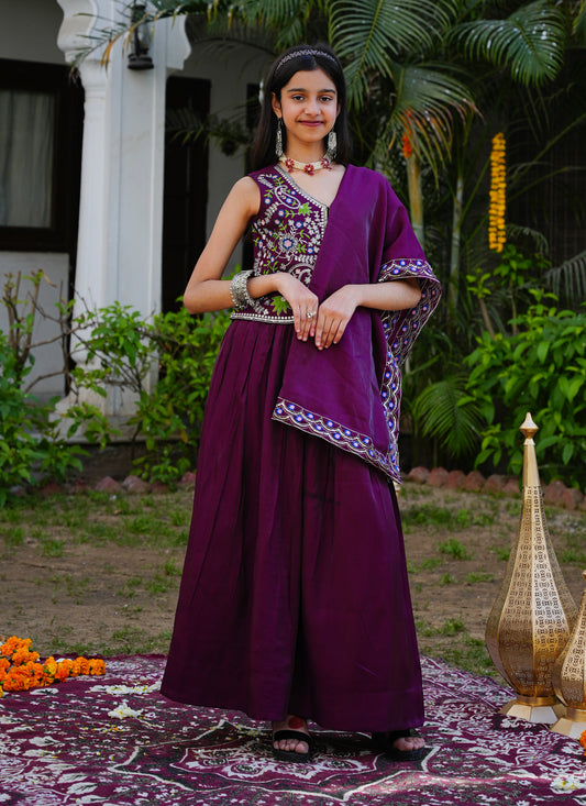 Wine Embroidered Lehenga Choli with Scalloped Dupatta