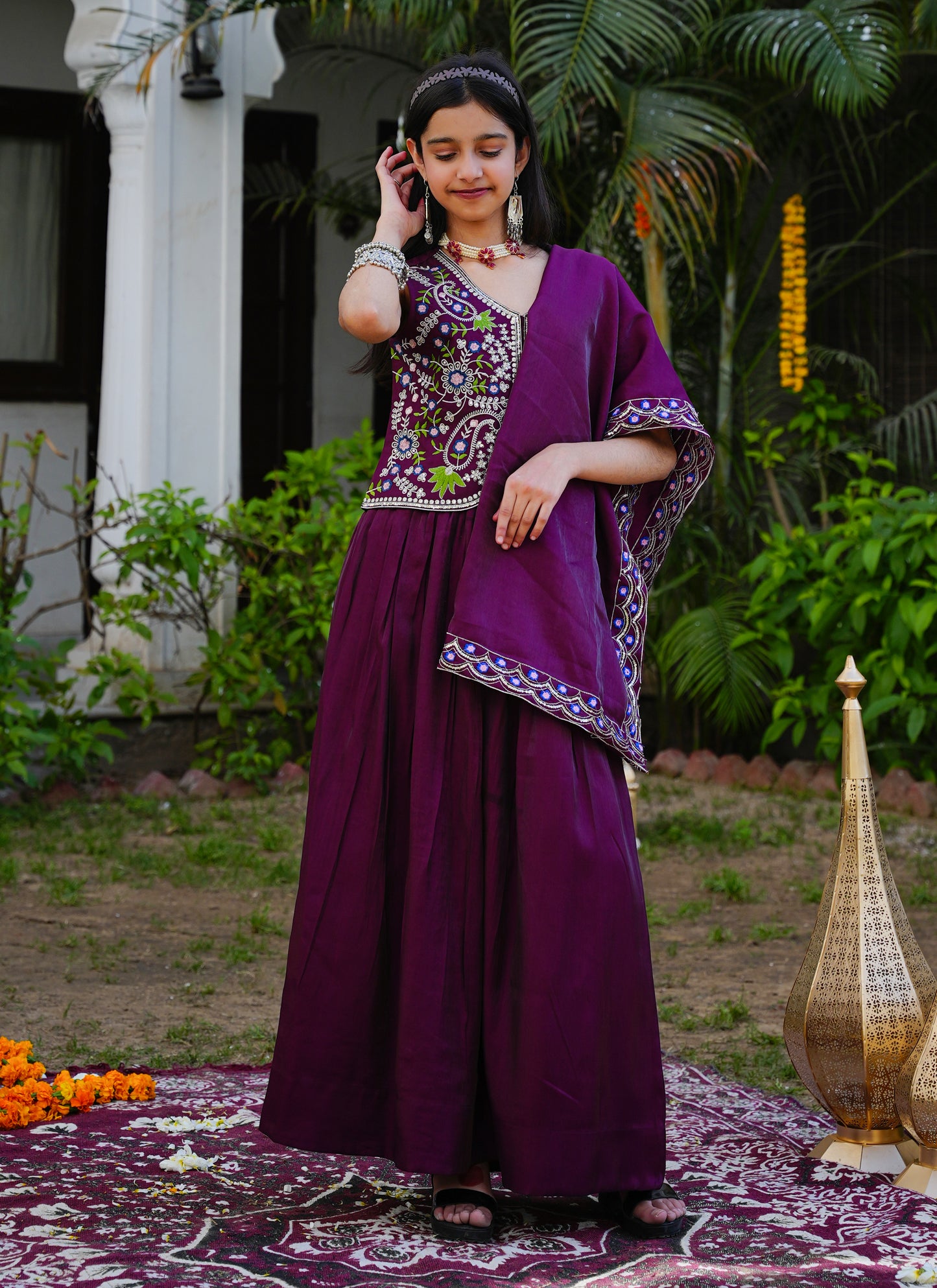 Wine Embroidered Lehenga Choli with Scalloped Dupatta