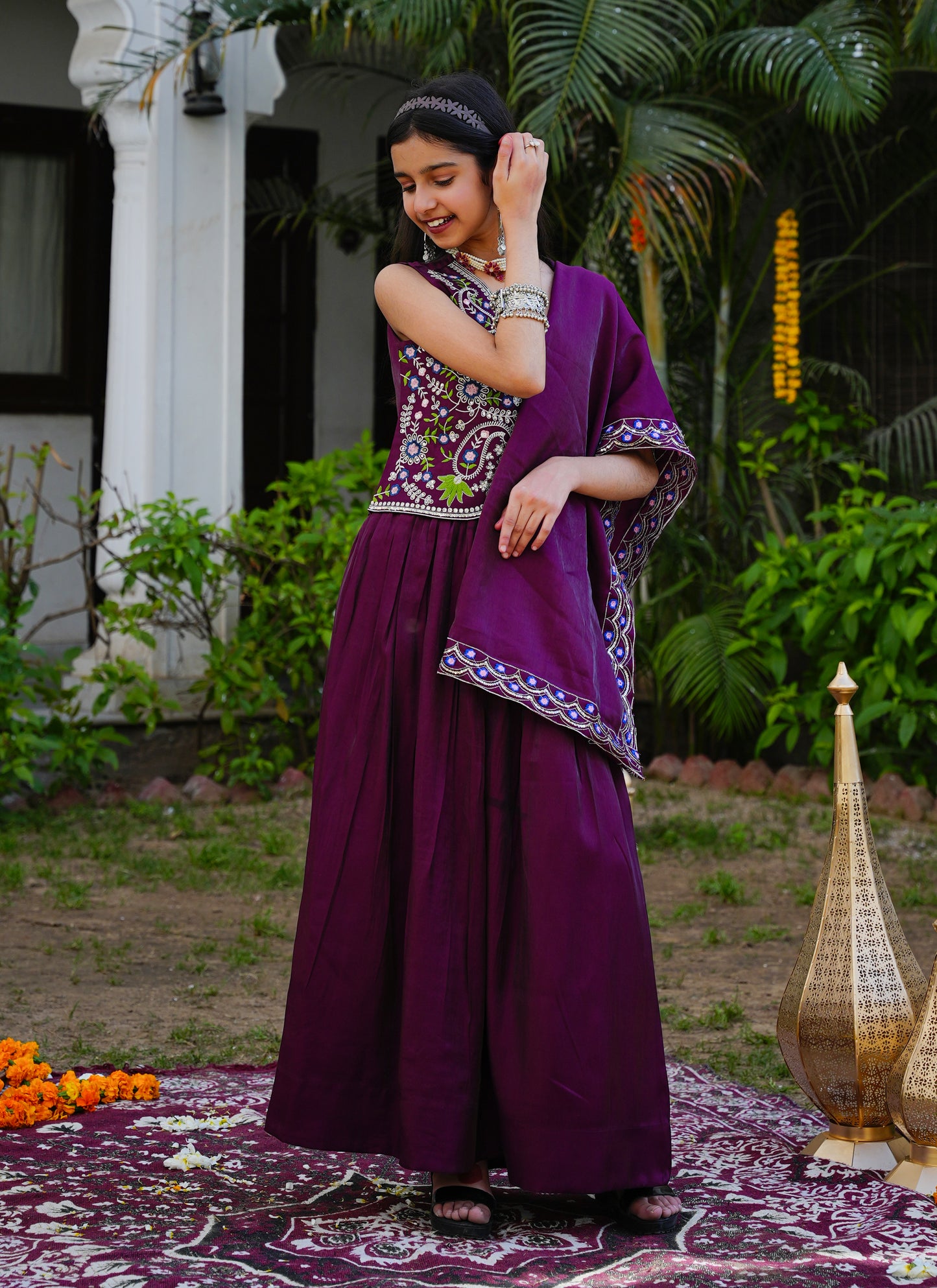 Wine Embroidered Lehenga Choli with Scalloped Dupatta