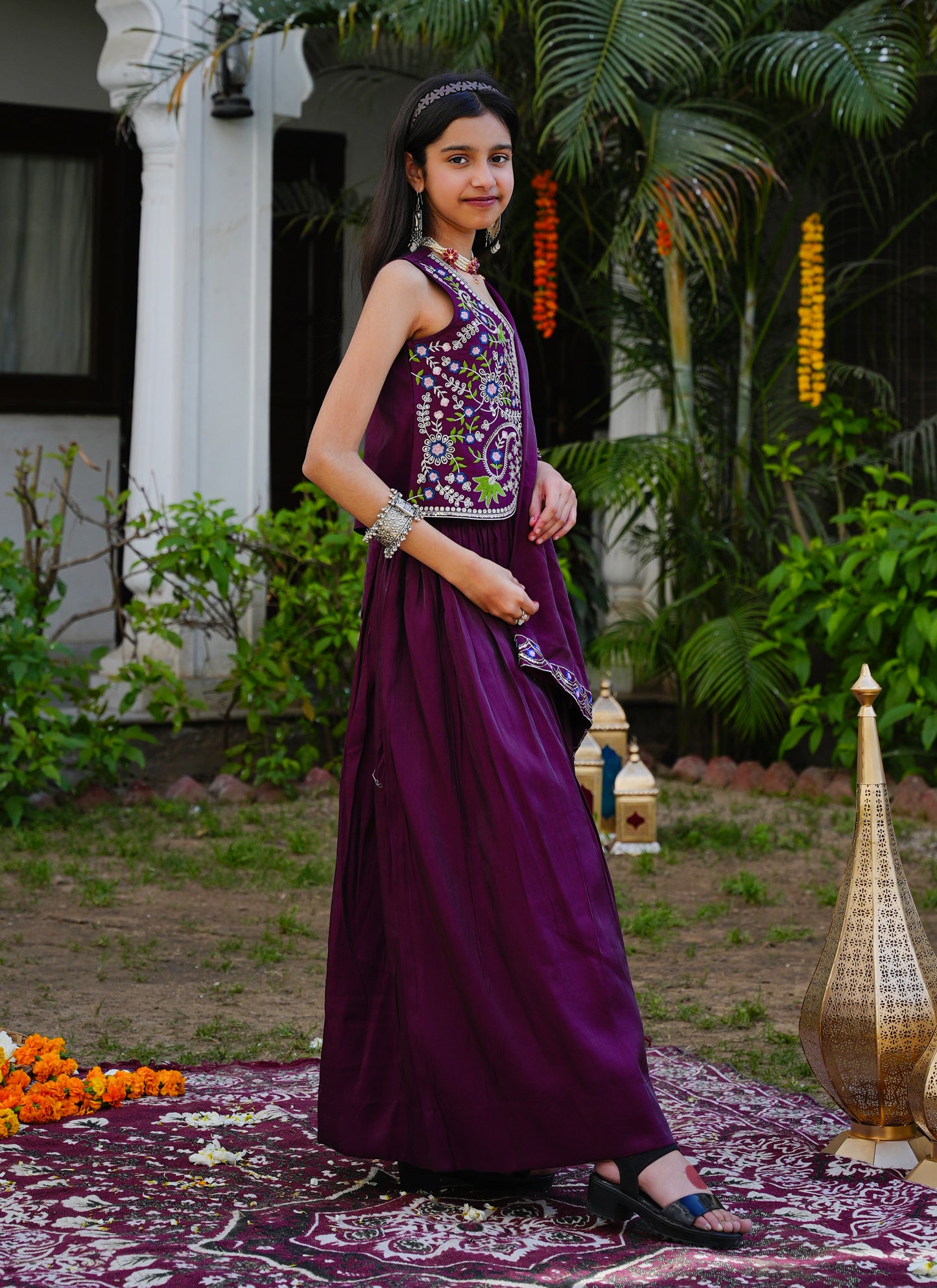 Wine Embroidered Lehenga Choli with Scalloped Dupatta