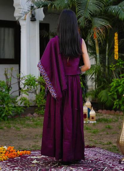 Wine Embroidered Lehenga Choli with Scalloped Dupatta