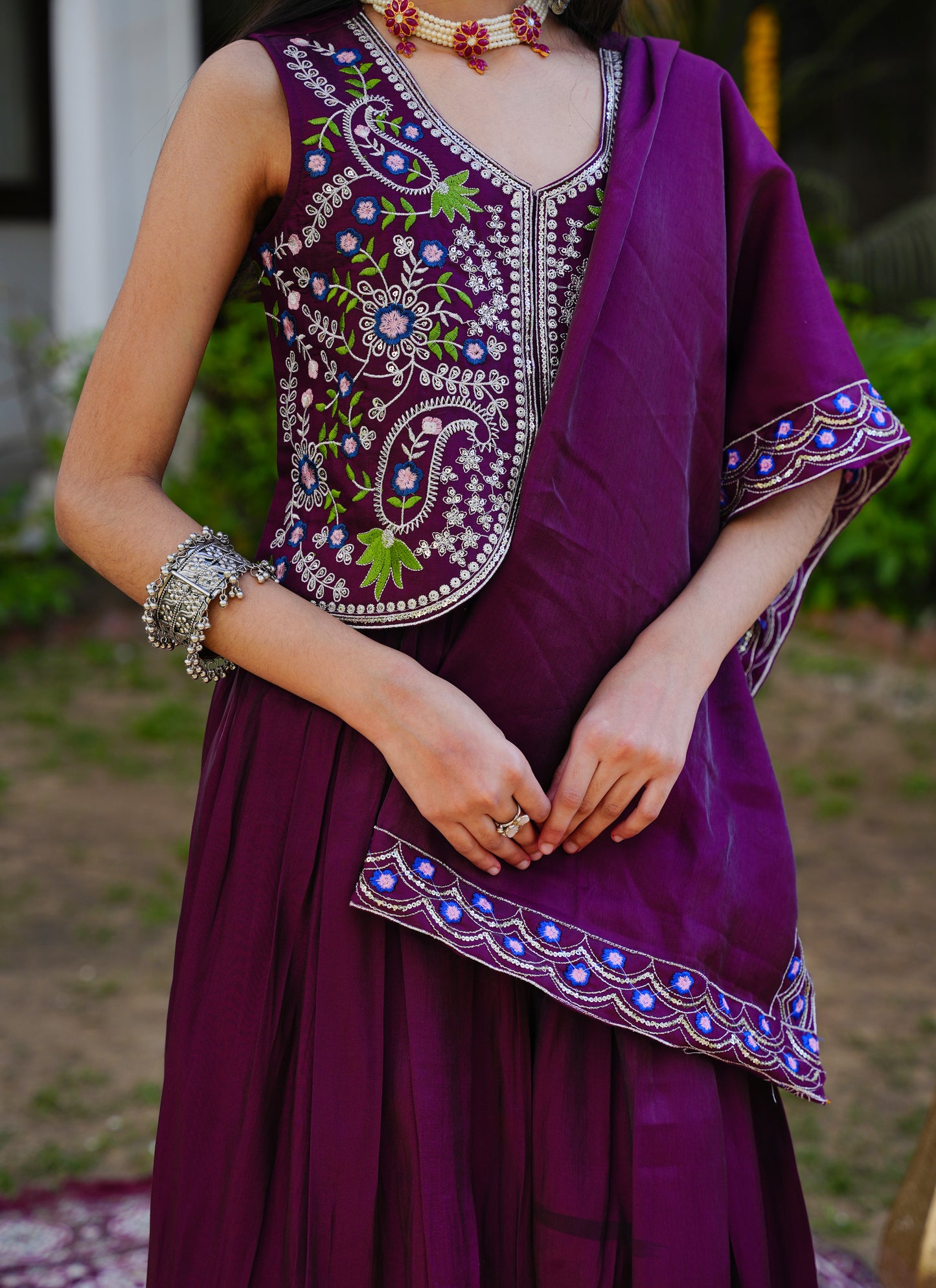 Wine Embroidered Lehenga Choli with Scalloped Dupatta