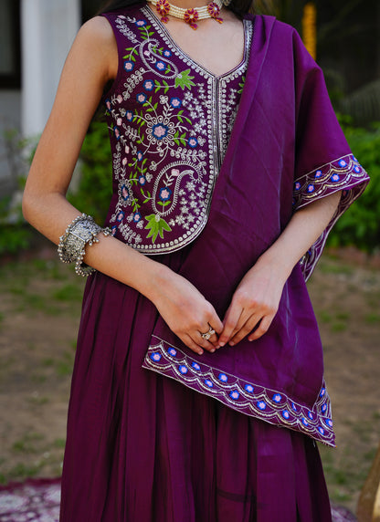 Wine Embroidered Lehenga Choli with Scalloped Dupatta