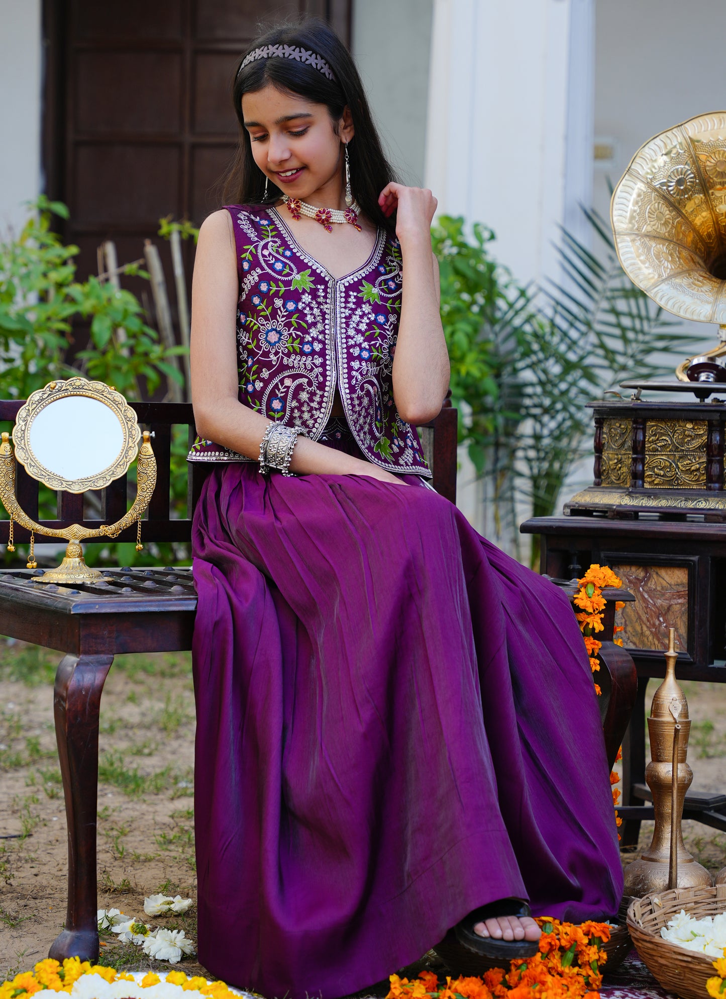 Wine Embroidered Lehenga Choli with Scalloped Dupatta