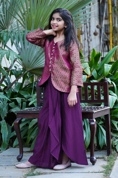 Elegant Wine Silk-Blend Kurta with Intricate Gold Brocade and Dhoti