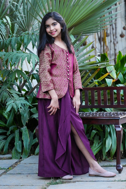 Elegant Wine Silk-Blend Kurta with Intricate Gold Brocade and Dhoti