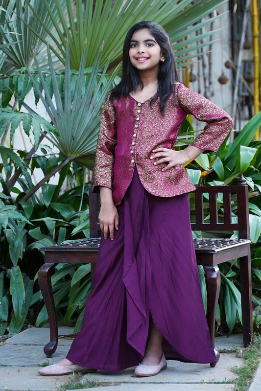 Elegant Wine Silk-Blend Kurta with Intricate Gold Brocade and Dhoti