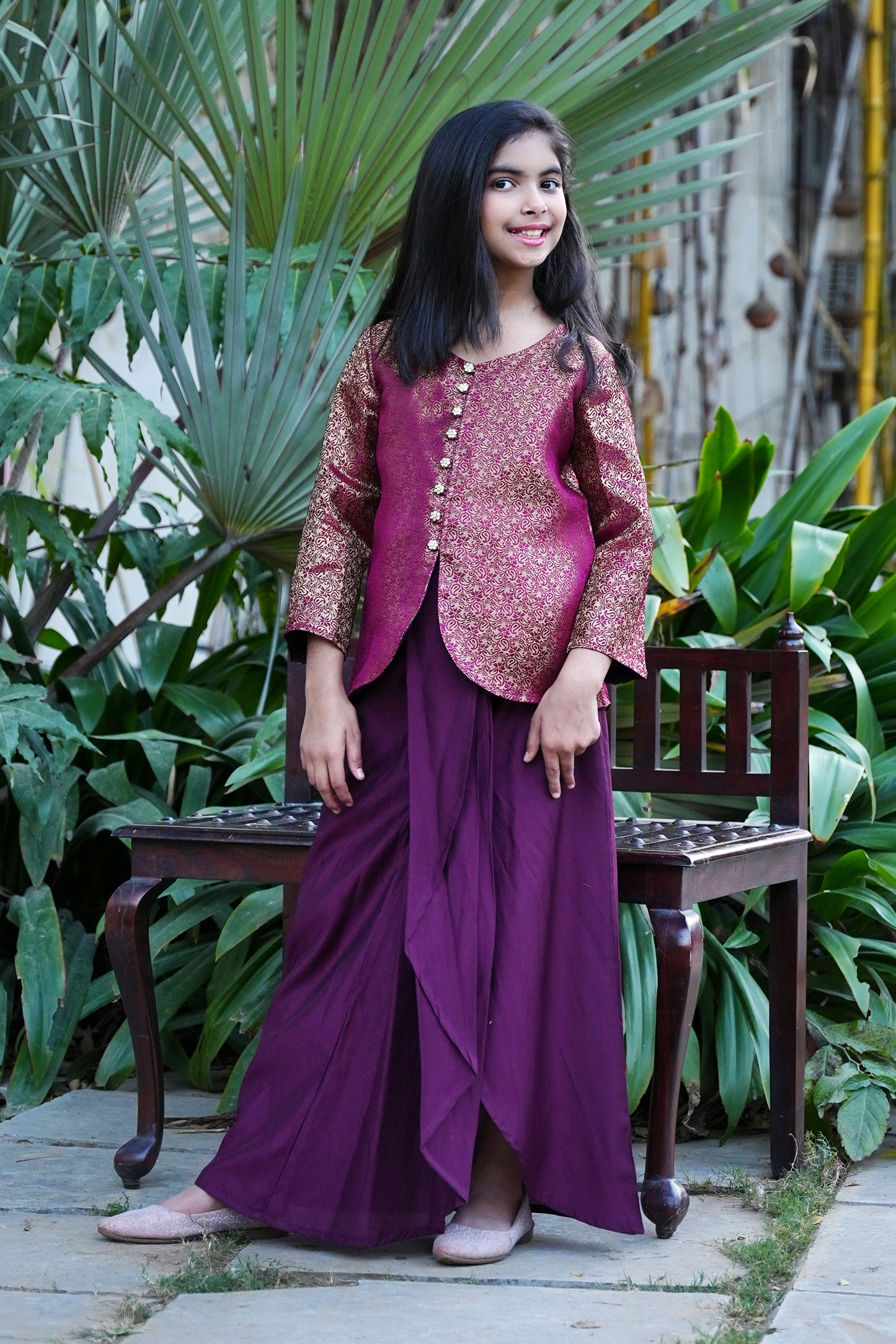 Elegant Wine Silk-Blend Kurta with Intricate Gold Brocade and Dhoti