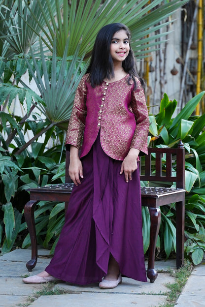 Elegant Wine Silk-Blend Kurta with Intricate Gold Brocade and Dhoti