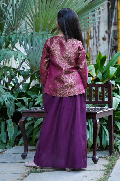 Elegant Wine Silk-Blend Kurta with Intricate Gold Brocade and Dhoti