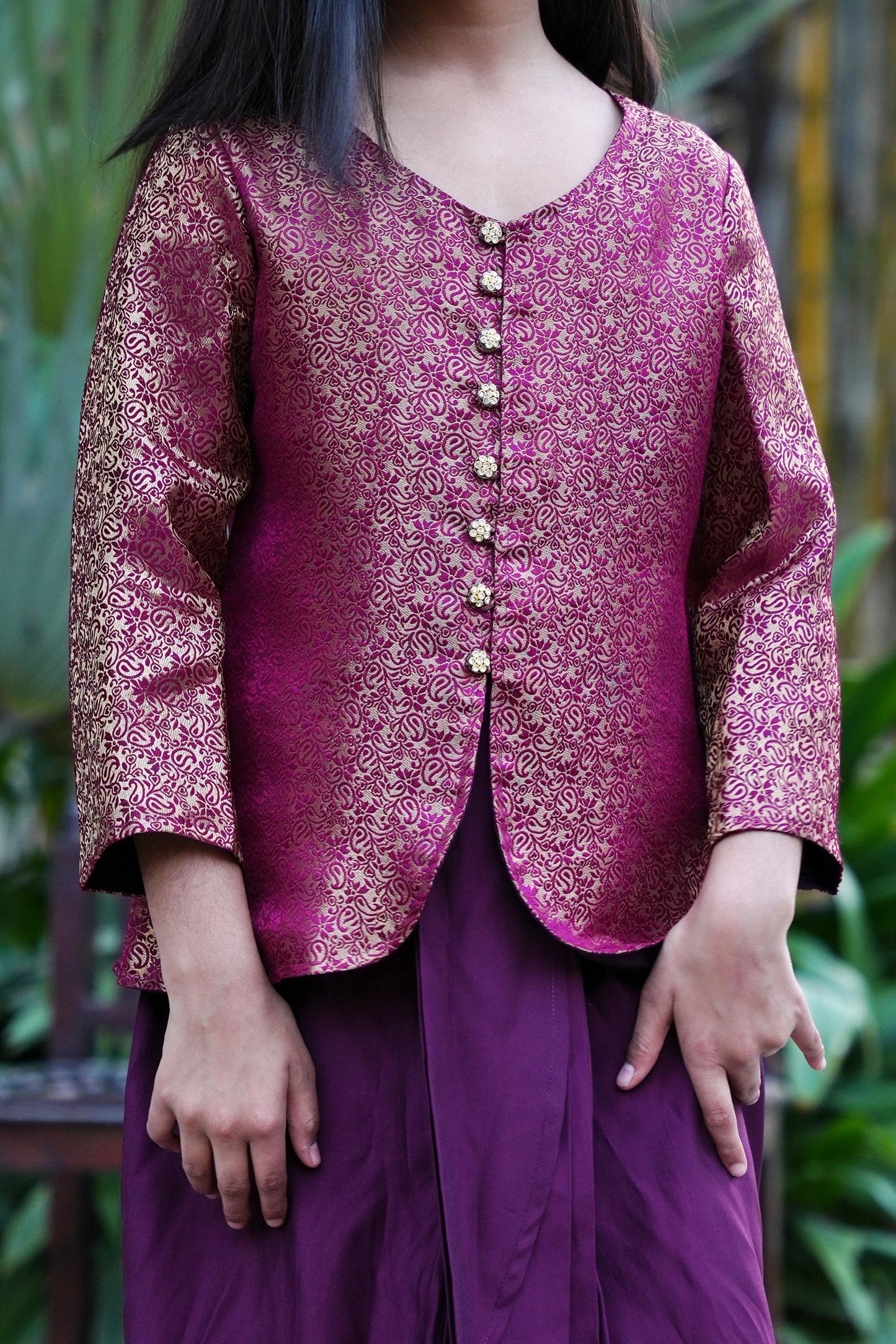 Elegant Wine Silk-Blend Kurta with Intricate Gold Brocade and Dhoti